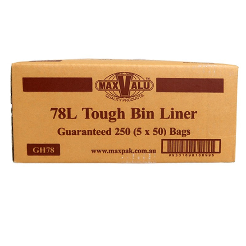 Box of MaxValu 78L Tough Bin Liners on a white background