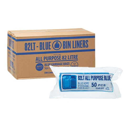 Box of 82L Blue Bin Liners with a sample bag on a white background