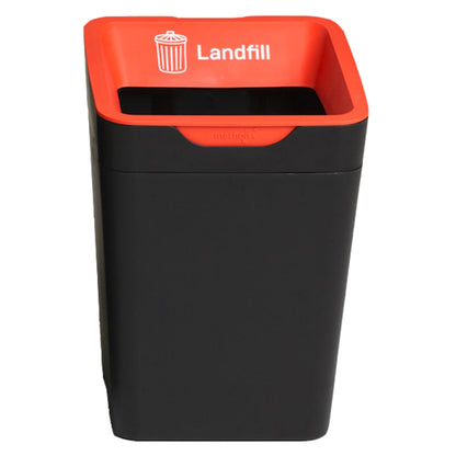 Black trash bin with red lid labeled 'Landfill' on a white background