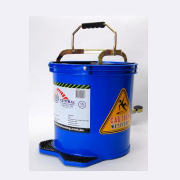Blue mop bucket with a warning label on a white background