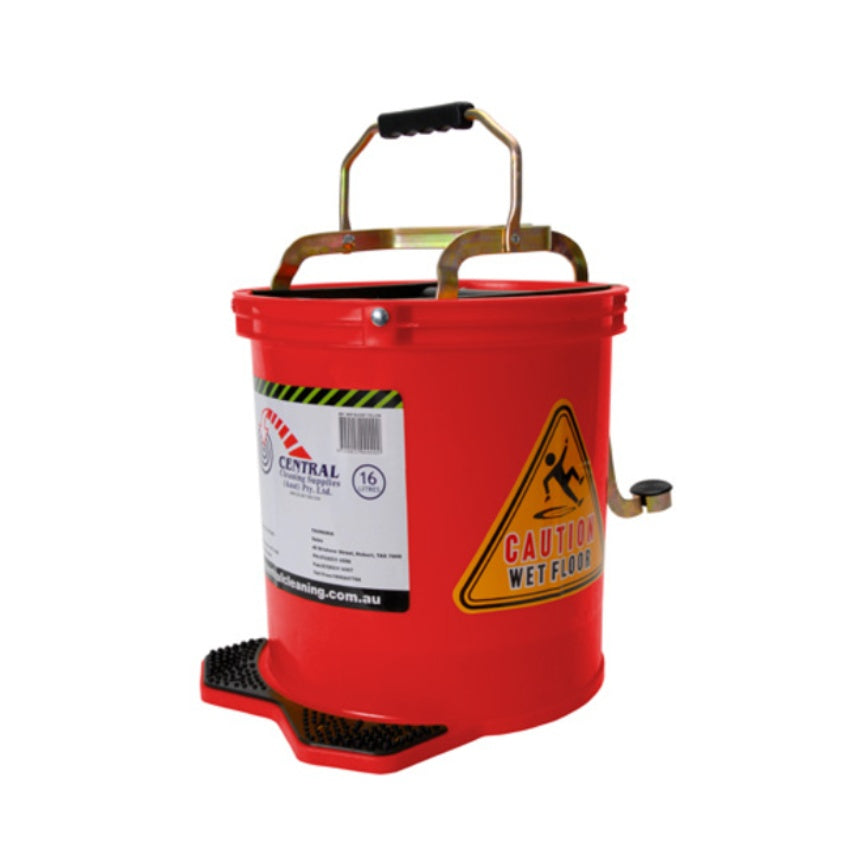Red bucket with a warning label on a white background