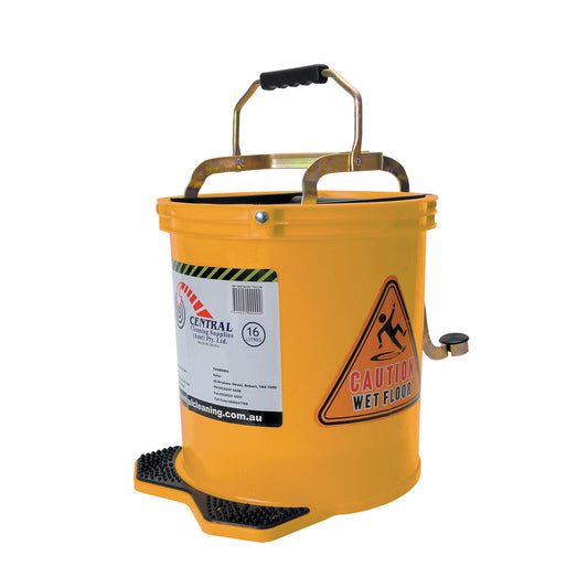 Yellow mop bucket with a 'Caution: Wet Floor' sign on a white background