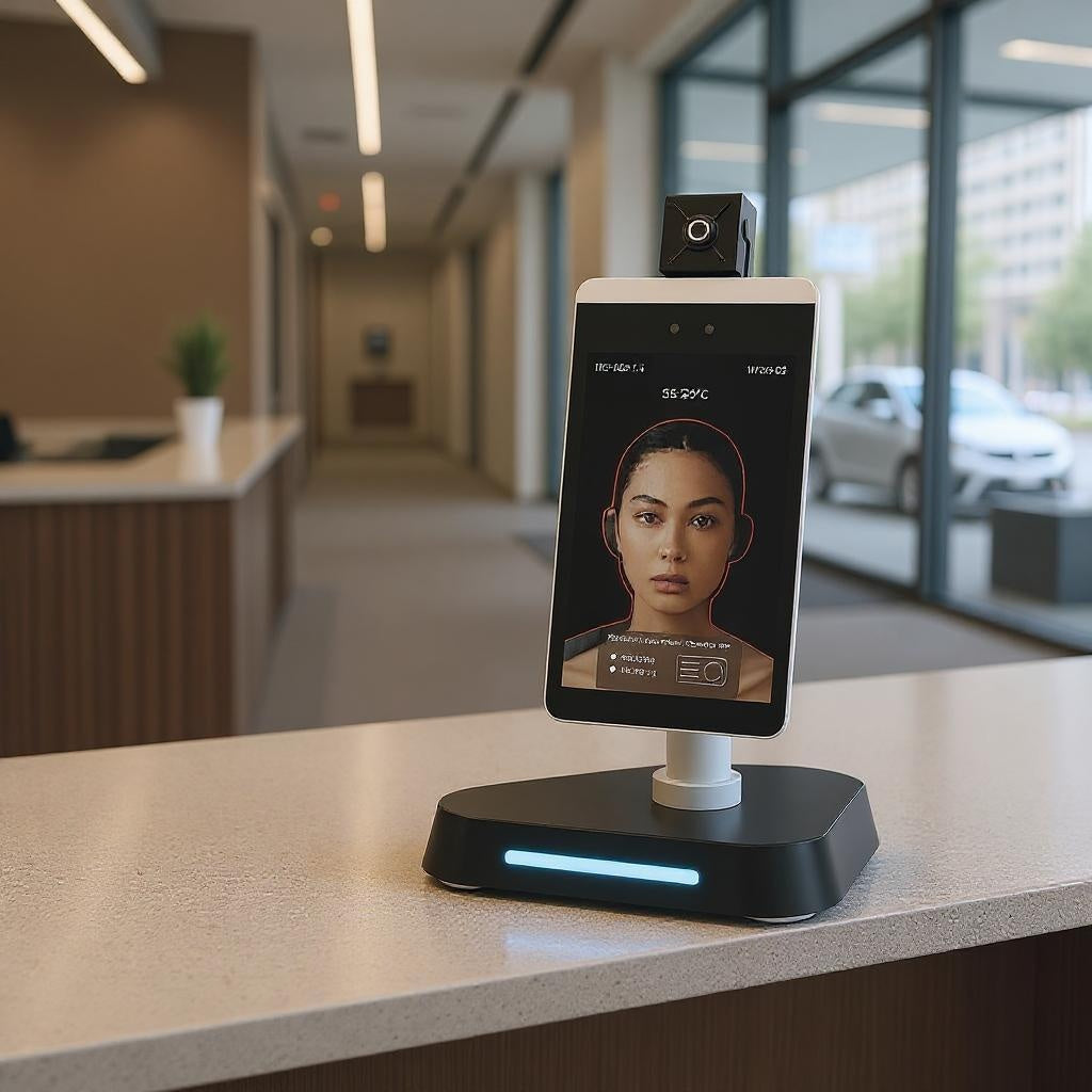 Facial recognition device on a counter in an indoor setting
