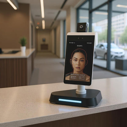 Facial recognition device on a counter in an indoor setting