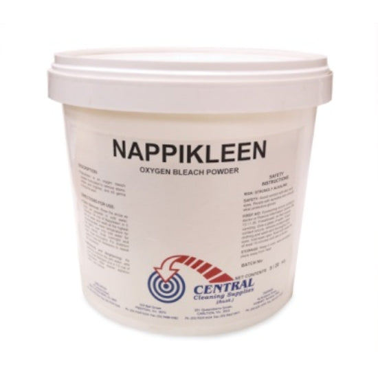 Container of Nappikleen Oxygen Bleach Powder with Central Cleaning Supplies logo on a white background