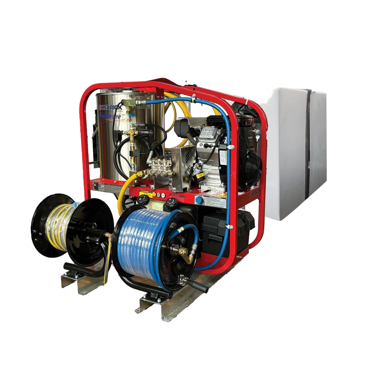 Nilfisk Hot2go Hot Washer 570 Skid with red frame and blue hose on a white background