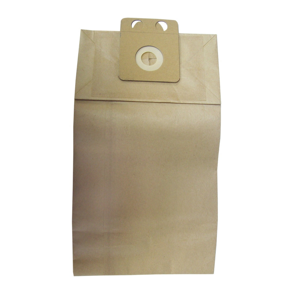 Brown vacuum cleaner paper dust bag with a white label on a white background