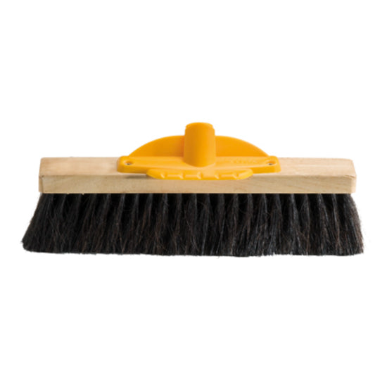 Cleaning brush with black bristles and orange handle on a white background