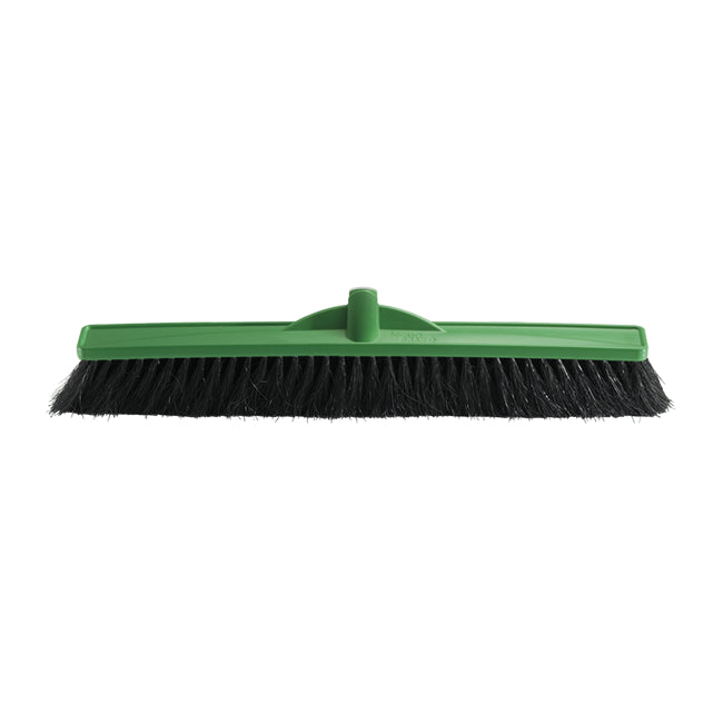 Green broom with black bristles on a white background