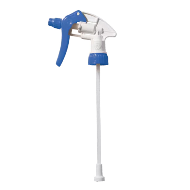 Spray gun with blue trigger and white body on a white background