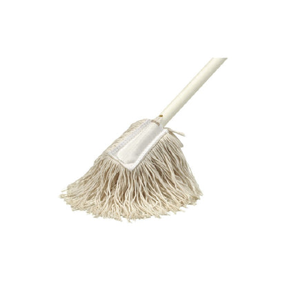 White mop with a wooden handle on a white background