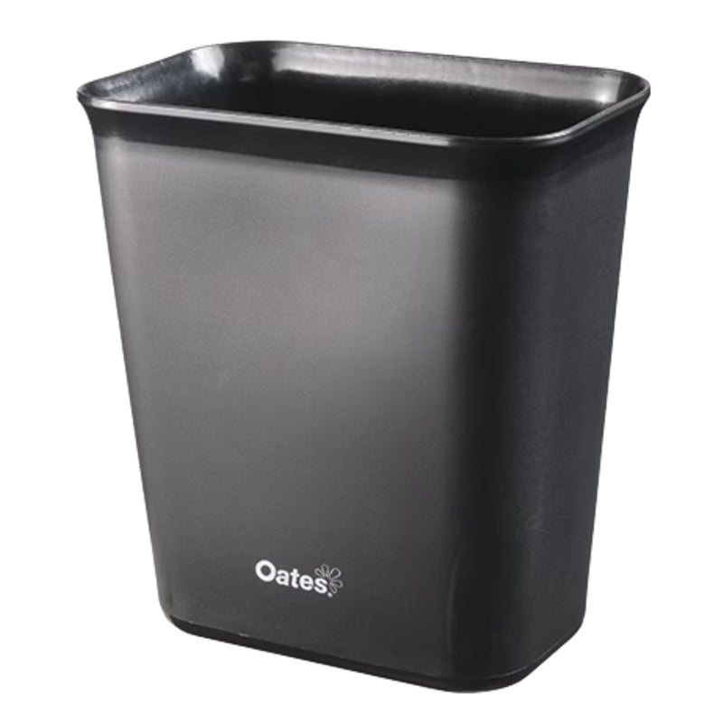 Black trash bin with 'Oates' branding on a white background