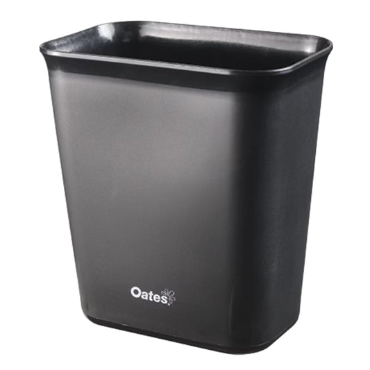 Black trash bin with 'Oates' branding on a white background