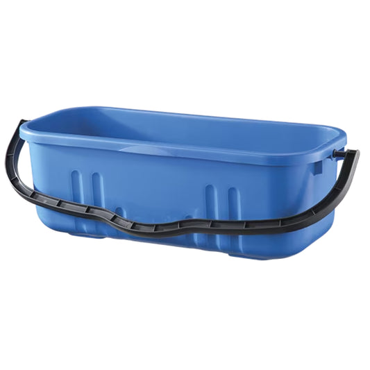 Blue plastic bucket with black handles on a white background
