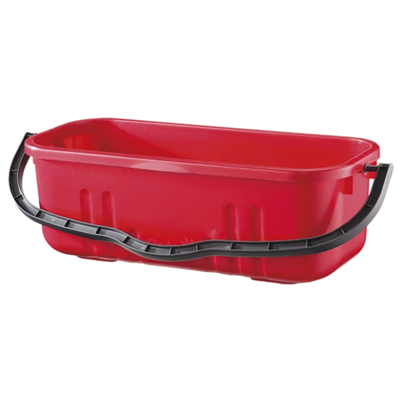 Red plastic bucket with black handles on a white background