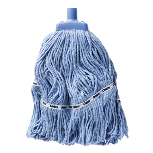 Blue mop head with a Oates brand label on a white background