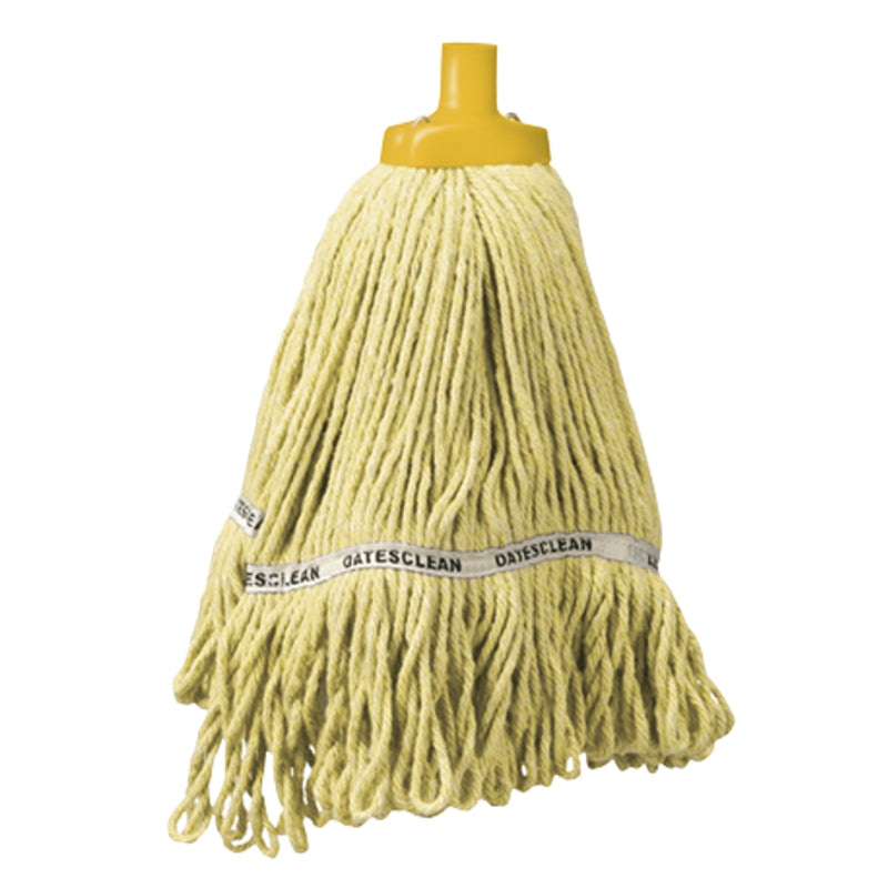 Yellow mop head with a white label on a white background