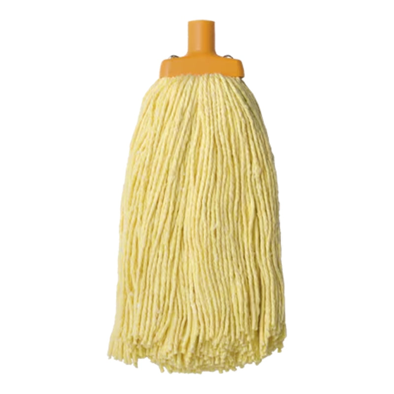 Yellow mop head with a yellow handle on a white background