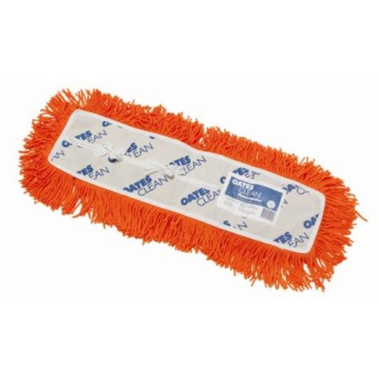 Orange dust mop with no handle on a white background
