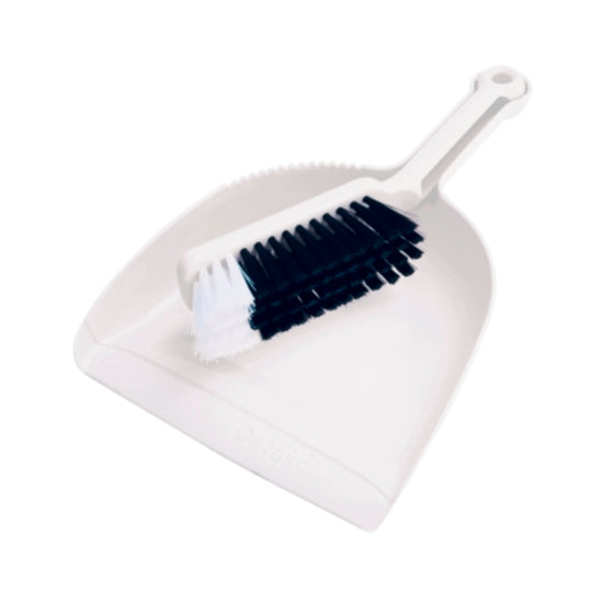 White dustpan with blue bristle brush on a white background