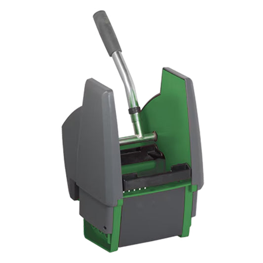 Green and gray wringer device on a white background