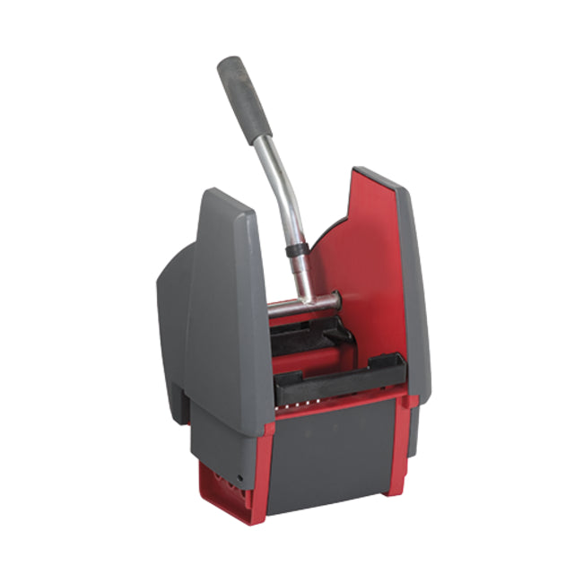 Red and gray wringer tool with a handle on a white background