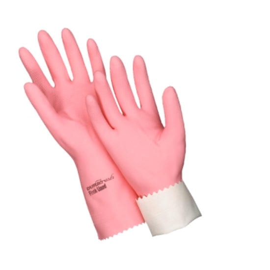 Pair of pink Oates gloves with a white cuff on a white background
