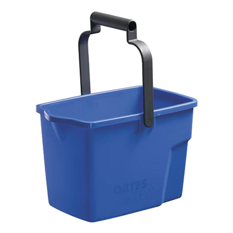 Blue plastic bucket with black handle on a white background