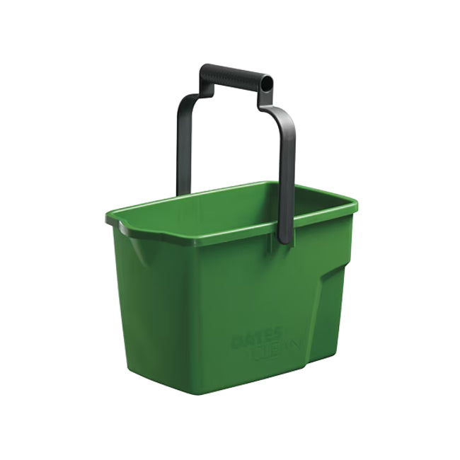 Green bucket with a black handle on a white background