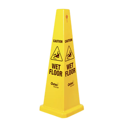 Yellow wet floor caution cone with black text and symbols on a white background