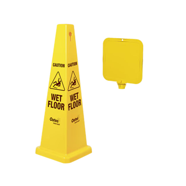 Yellow wet floor caution cone with a cover on a white background