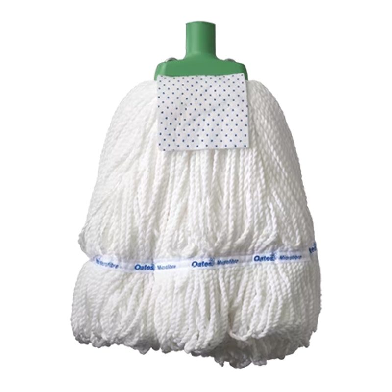 White mop head with green handle on a white background