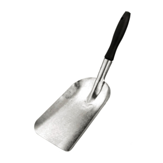 Metal shovel with a black handle on a white background