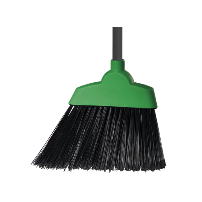Green broom with black bristles on a white background