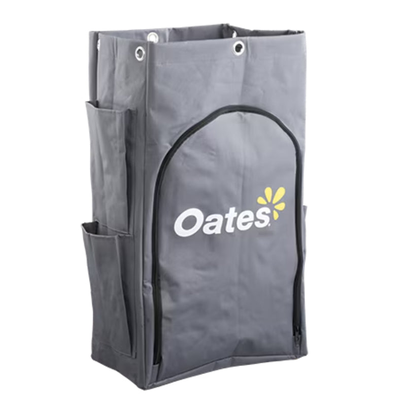 Gray janitor cart storage bag with 'Oates' branding on a white background