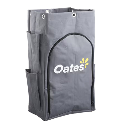Gray janitor cart storage bag with 'Oates' branding on a white background