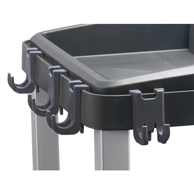 Gray plastic cart with hooks on a white background