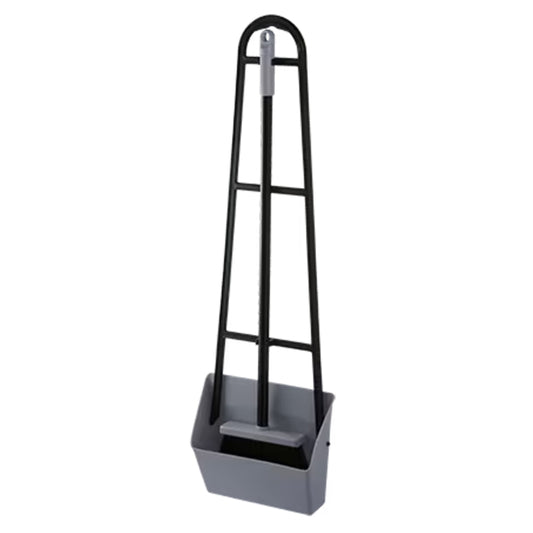 Gray dustpan with black handle on a white background