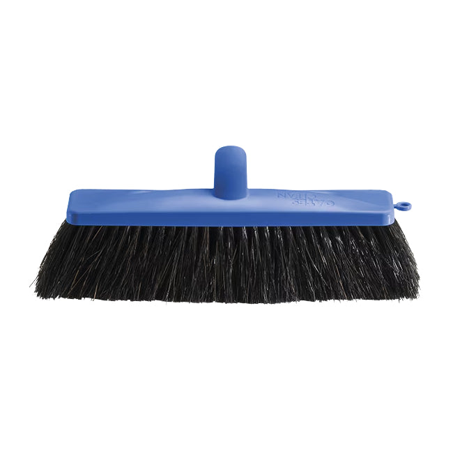 Blue broom with black bristles on a white background