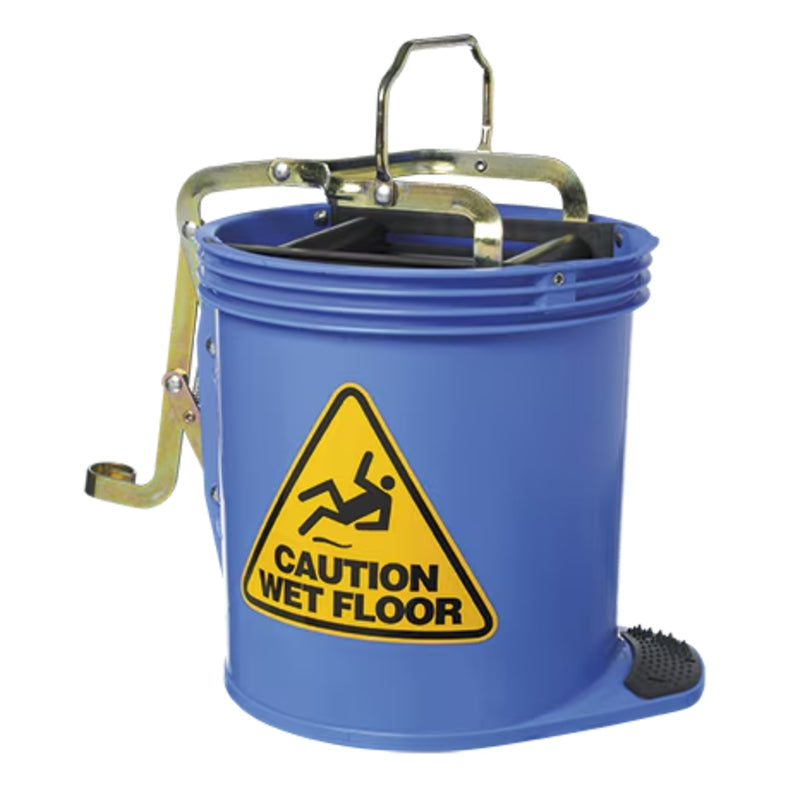 Blue wringer bucket with a yellow 'Caution Wet Floor' sign on a white background