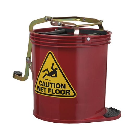 Oates Wringer Bucket Contractor 15L Red bucket with a yellow 'Caution Wet Floor' sign on a white background