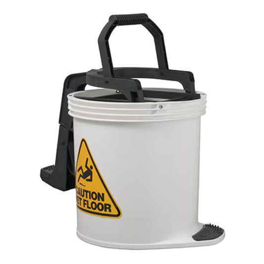 White wringer bucket with black handle and 'Caution Wet Floor' sign on a white background