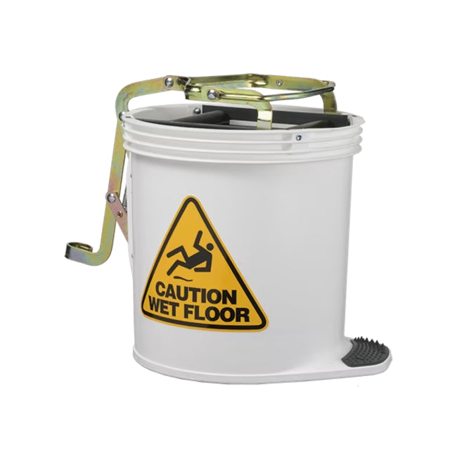 White bucket with a yellow 'Caution Wet Floor' sign on a white background
