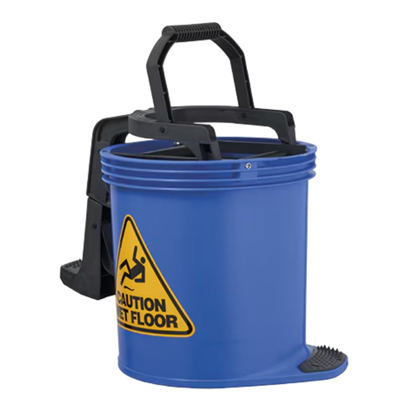 Blue Oates wringer bucket with black handle and 'Caution Wet Floor' sign on a white background