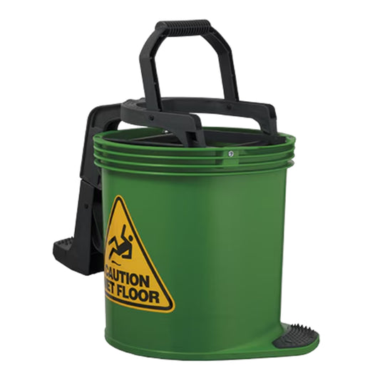 Green Oates wringer bucket with black handle and caution sign on a white background