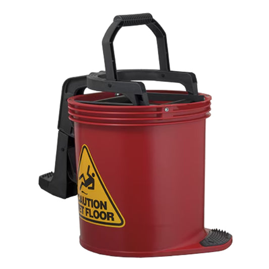 Red wringer bucket with black handle and caution sign on a white background