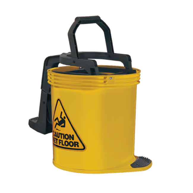 Yellow bucket with black handle and 'Caution Wet Floor' sign on a white background