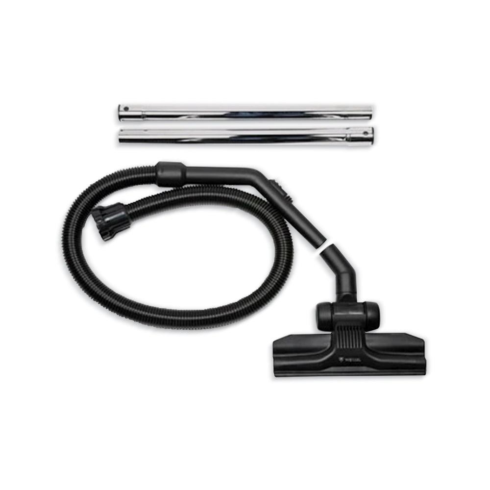 Vacuum cleaner attachments including a black hose and nozzle on a white background