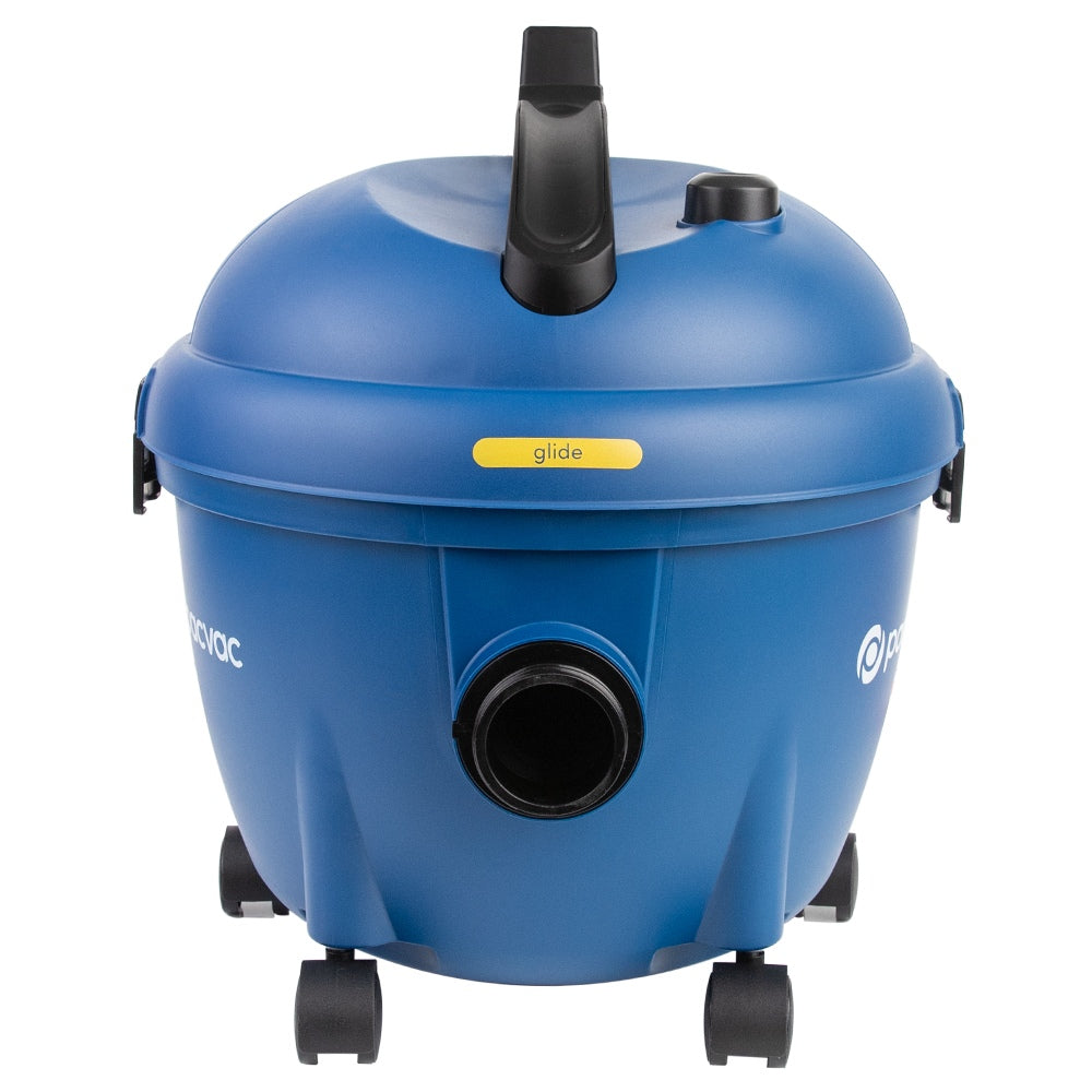 Blue vacuum cleaner with black wheels on a white background