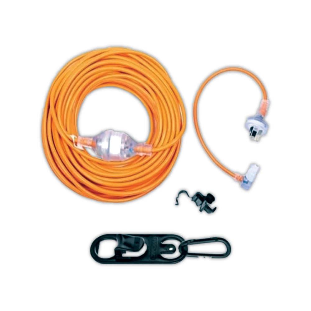 Orange extension cord with connectors and a black clip on a white background